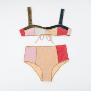 High Waist Bikini Women Swimsuit Contrast Color Patchwork Multi 